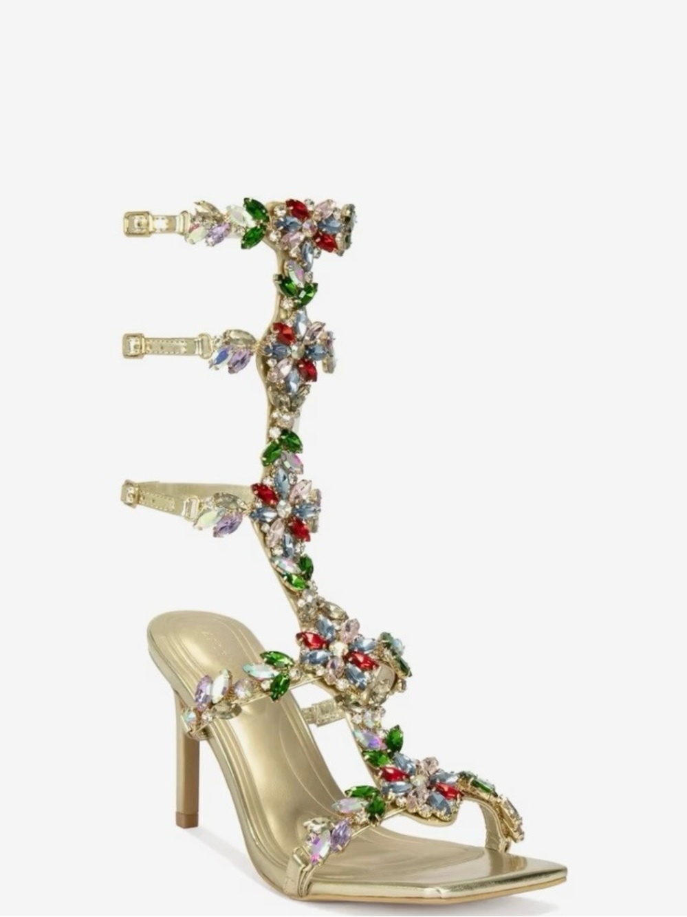 Gold Jeweled Gladiator High Heel Sandal with Multicolor Stones